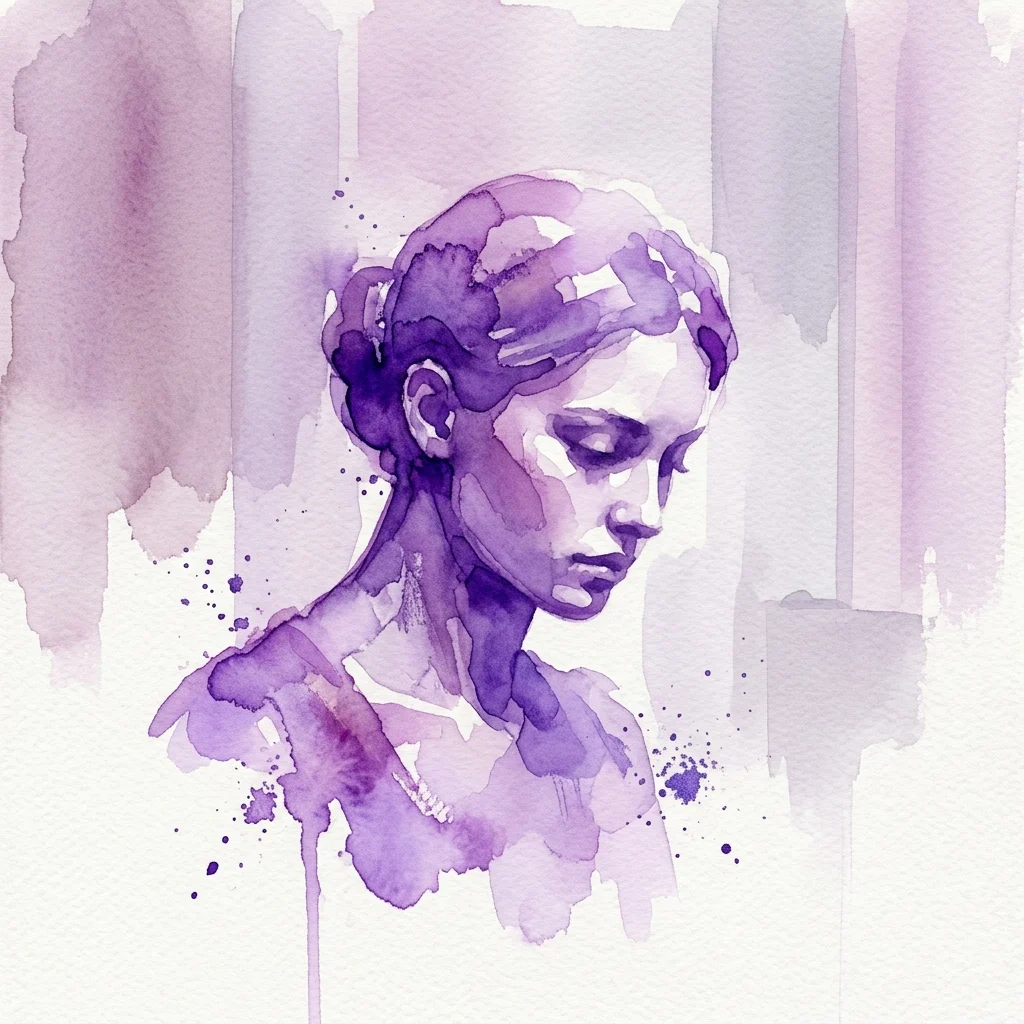 Un retrato en acuarela de una mujer contemplativa de perfil, realizado en tonos púrpuras y blancos, que evoca la introspección y la profundidad artística.