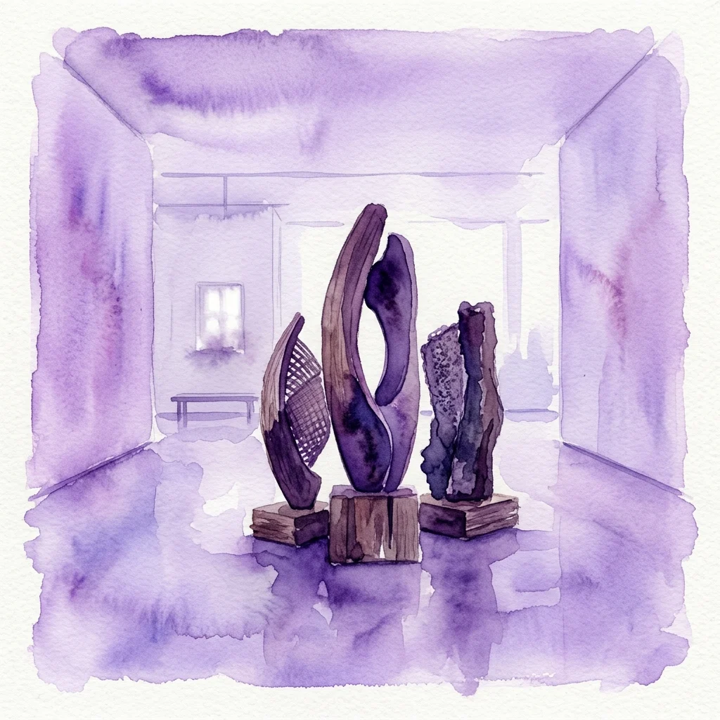 Waterverfillustratie van een galerie-installatie met abstracte sculpturen van Zbyněk Sekal, weergegeven in paarse tinten, die thema's van bestaan en spiritualiteit oproepen.