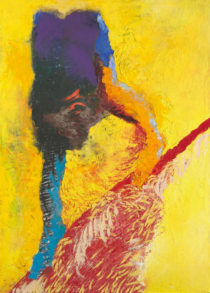 Pintura abstracta con vibrantes tonos amarillos, morados, azules y rojos y pinceladas texturizadas