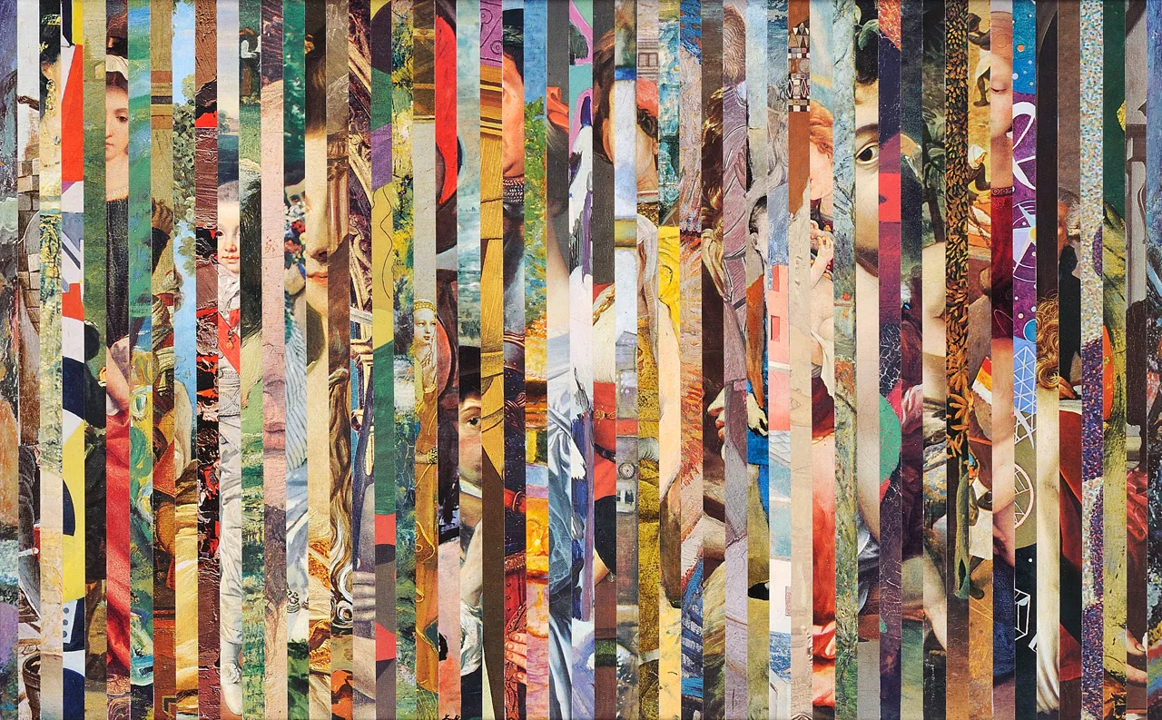 Una colorida obra de arte collage hecha de tiras verticales de papel e imágenes