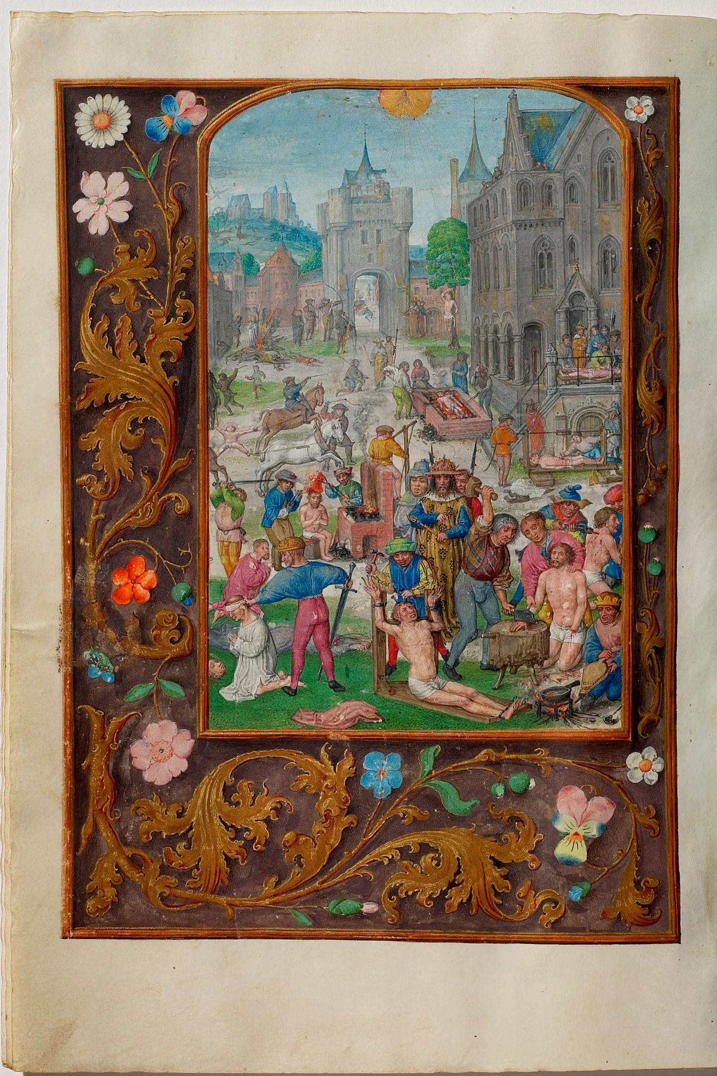 Página de manuscrito iluminado del Breviarium Mayer van den Bergh que muestra el martirio de los santos, con un borde floral ornamentado y un paisaje urbano de fondo