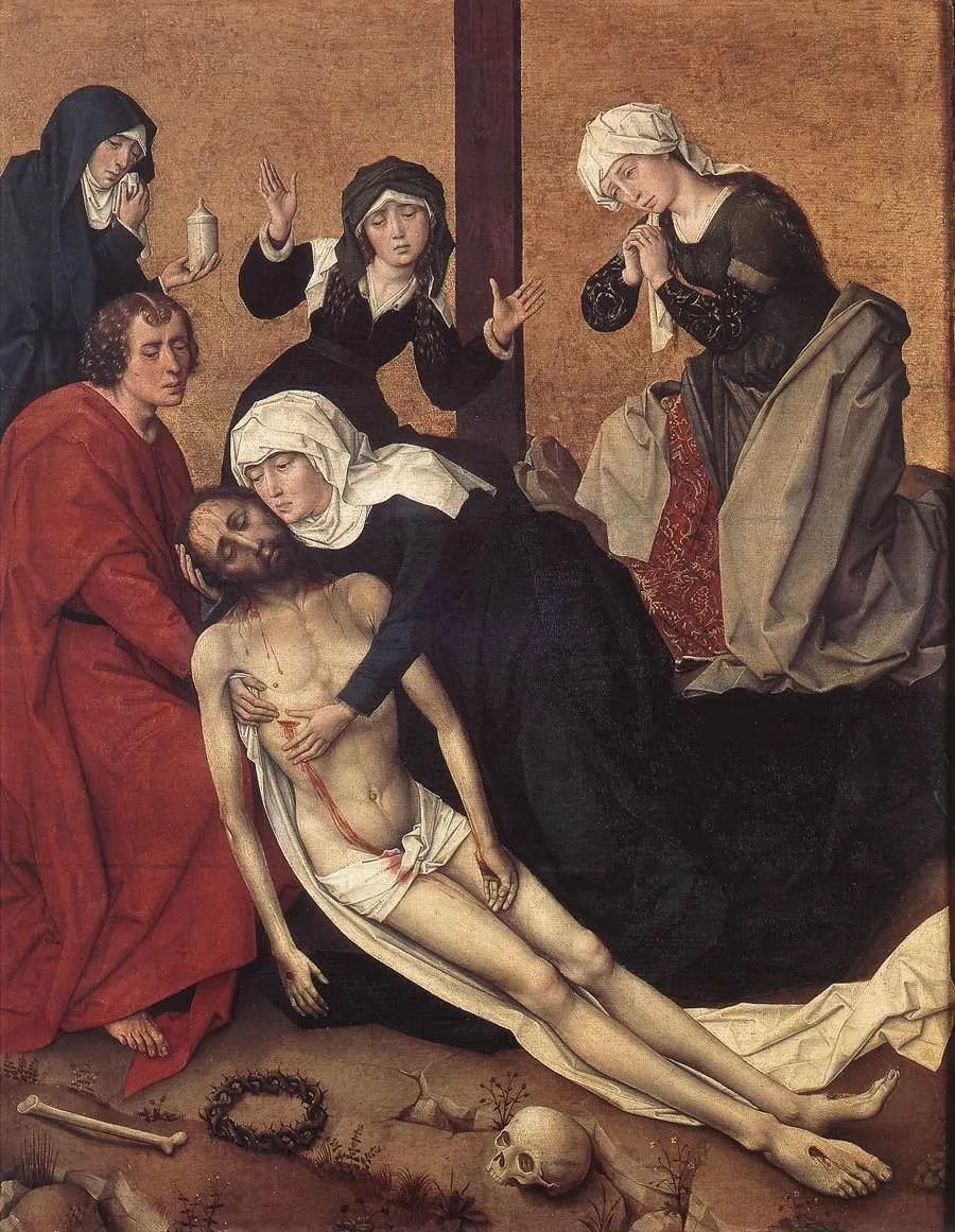 Pintura al óleo que representa la escena de la Piedad, con la Virgen María sosteniendo el cuerpo de Jesús, rodeada de figuras dolientes, con una corona de espinas y una calavera en primer plano.