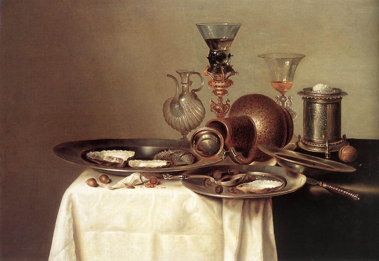 Bodegón de Willem Claesz. Heda que muestra una mesa con ostras en platos de peltre, cristalería, una jarra de plata y un mantel blanco