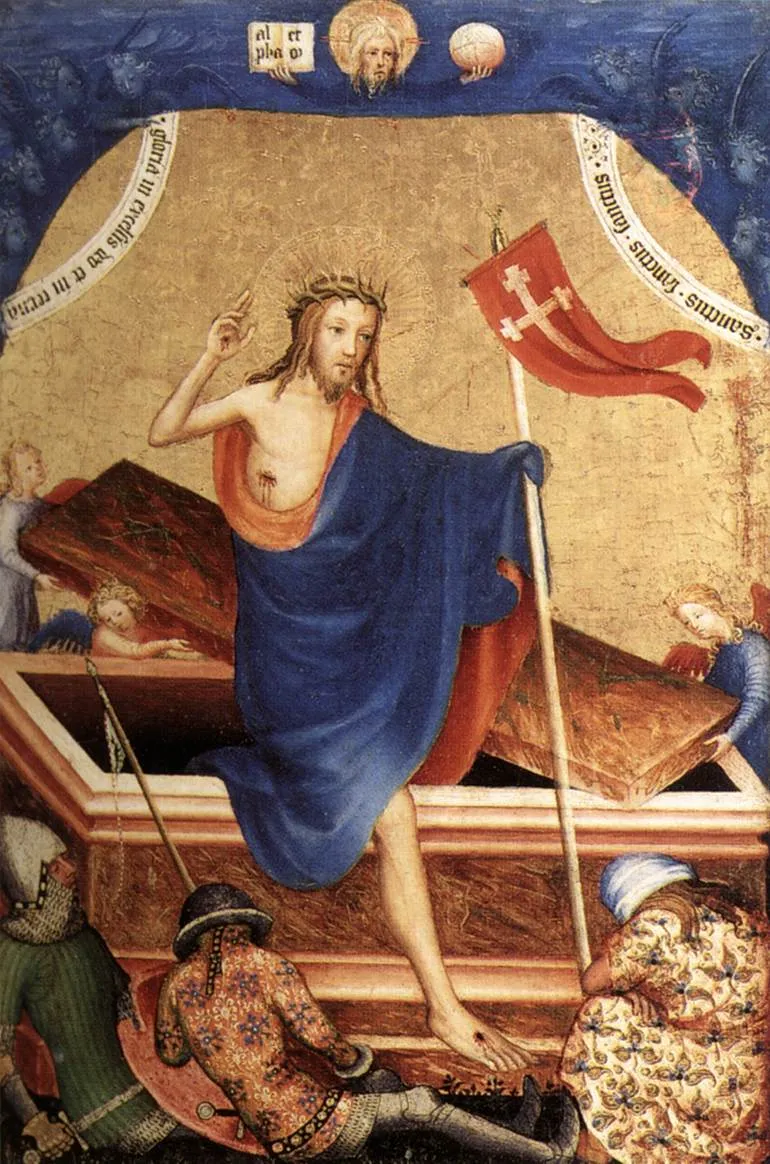 Pintura medieval que representa la Resurrección, con Cristo saliendo de un sepulcro sosteniendo un estandarte rojo, rodeado de soldados dormidos, bajo un cielo azul con Dios Padre y una paloma.
