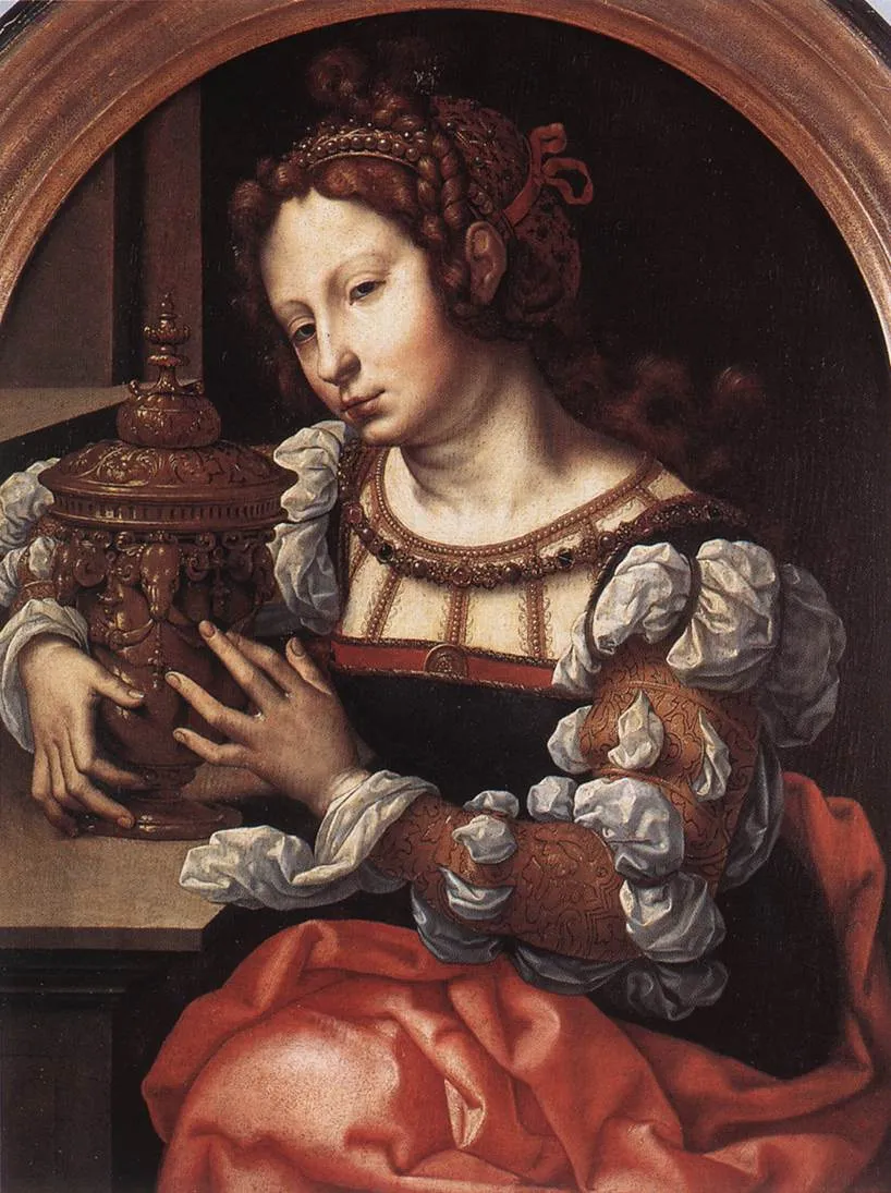 Retrato renacentista de una mujer con cabello trenzado de color castaño rojizo que sostiene un recipiente dorado ornamentado, vestida con un traje oscuro de mangas abullonadas blancas y falda roja, enmarcado dentro de un nicho arqueado.