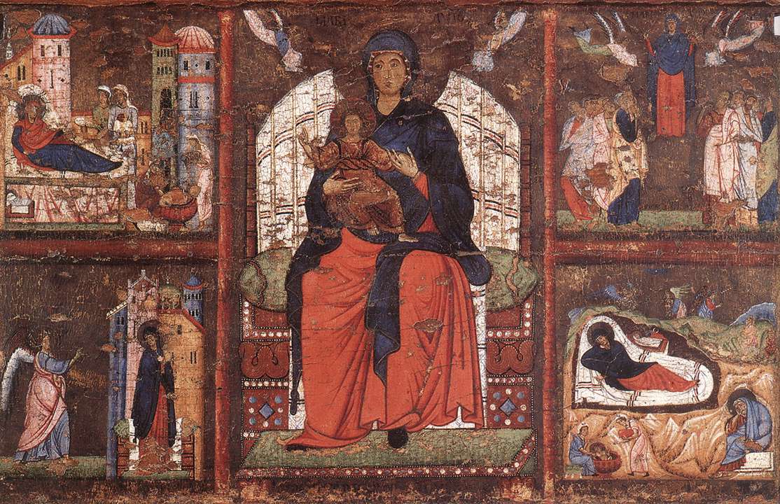 Medieval panel painting depicting the Virgin and Child enthroned, flanked by narrative scenes from the Life of the Virgin in surrounding registers