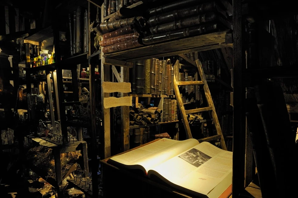 dark interior with wooden shelves, books, and an open book on a table