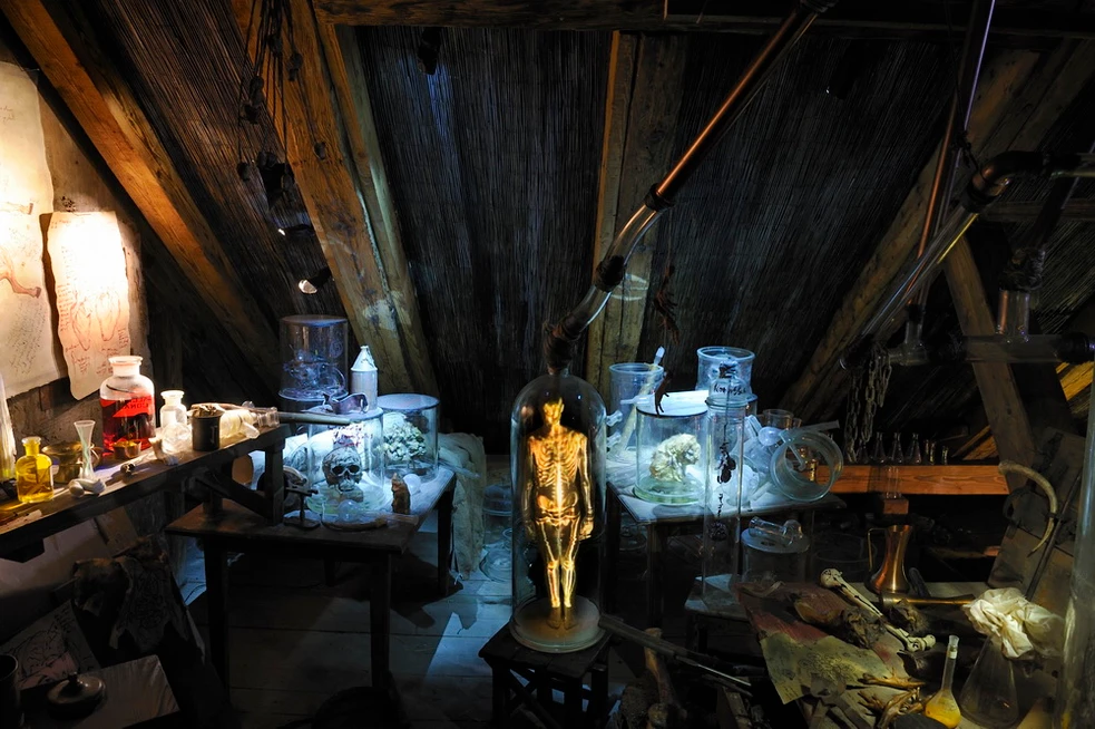 wooden attic room with scientific instruments and a golden skeleton figure under glass