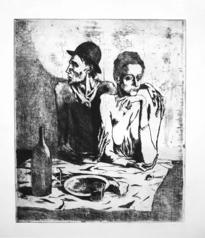 black and white print of two figures at a table with a bottle and plate