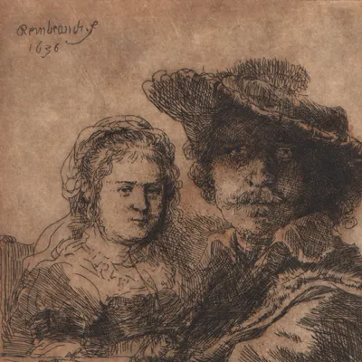 etching of a man and a woman by Rembrandt, signed and dated 1636