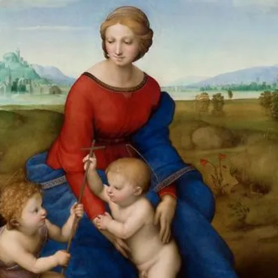 A classical painting of the Virgin Mary in a red and blue robe holding the Christ child with another child reaching toward them