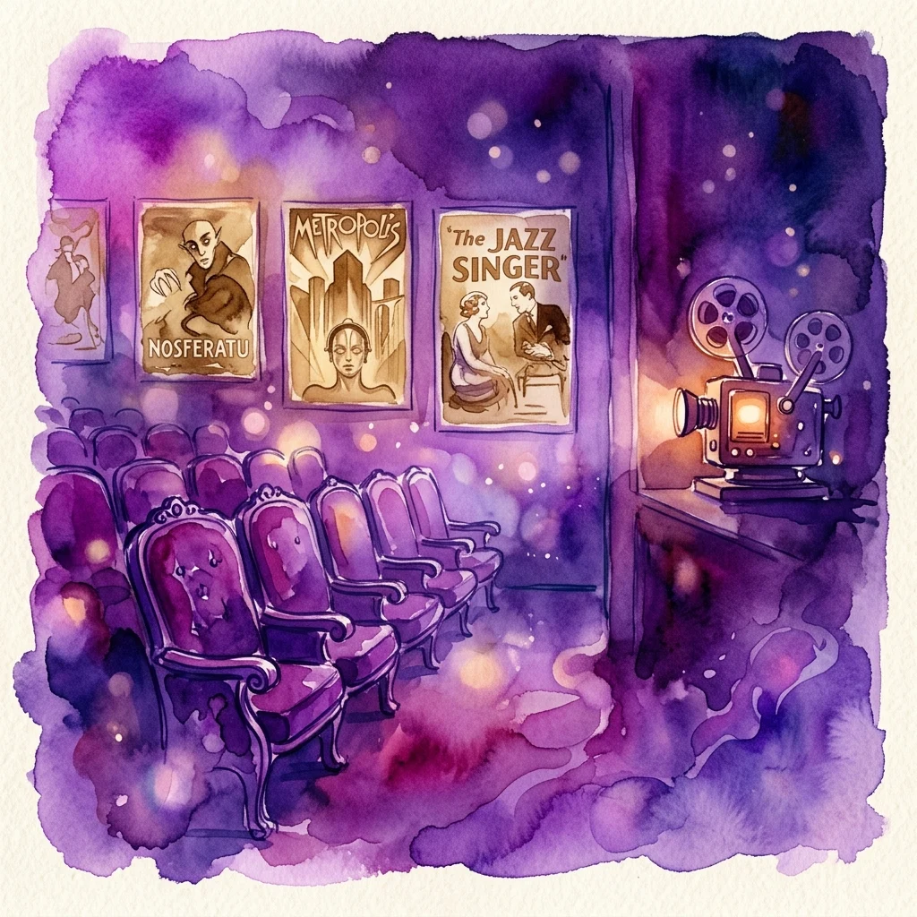 Watercolor illustration of a vintage cinema interior featuring rows of plush velvet seats, vintage film posters for Nosferatu, Metropolis, and The Jazz Singer, and a glowing 35mm film projector in the projection booth.