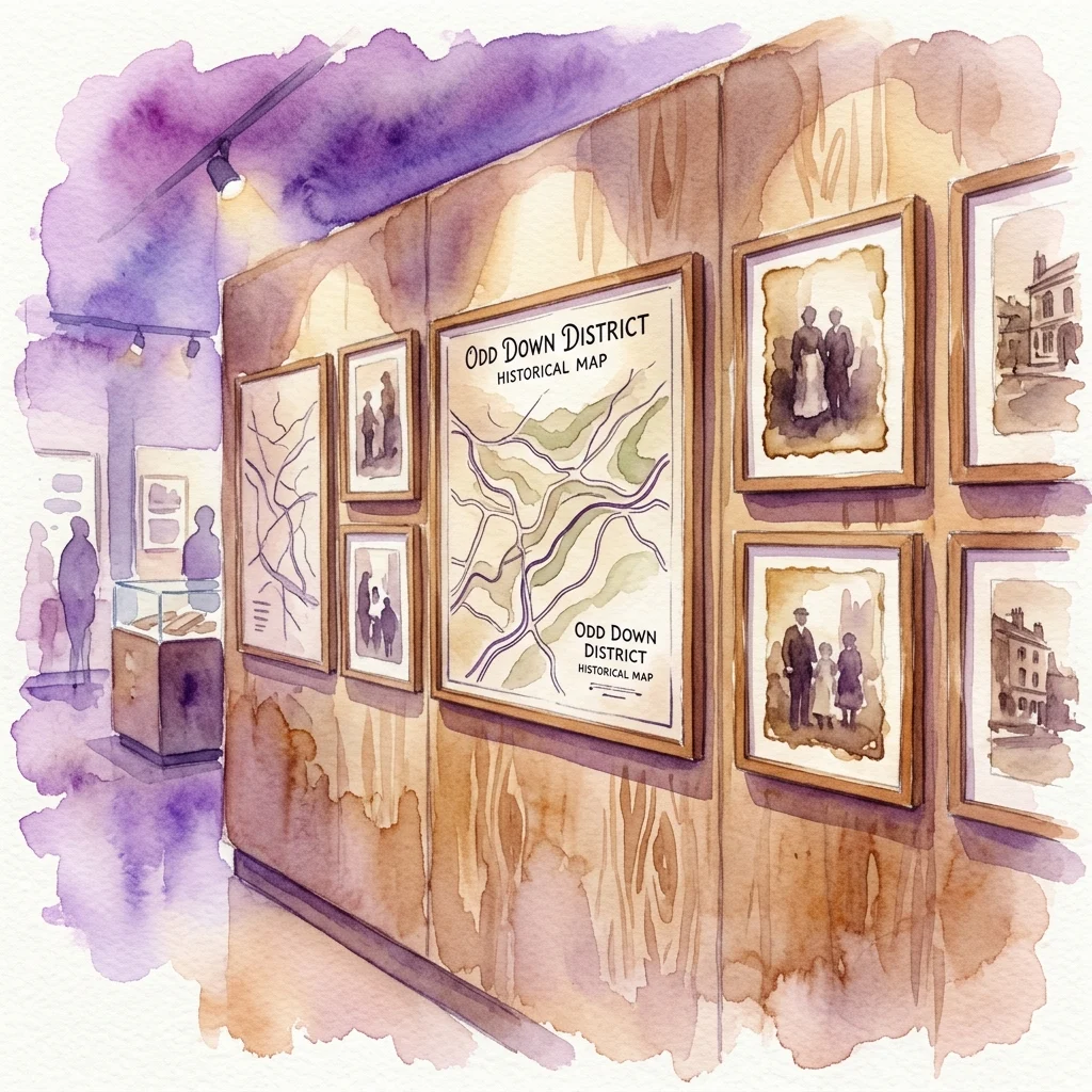 Ilustración en acuarela de la pared de una galería de museo que muestra mapas históricos enmarcados con la etiqueta 'Odd Down District Historical Map' junto a fotografías de retratos antiguos sobre paneles de madera.