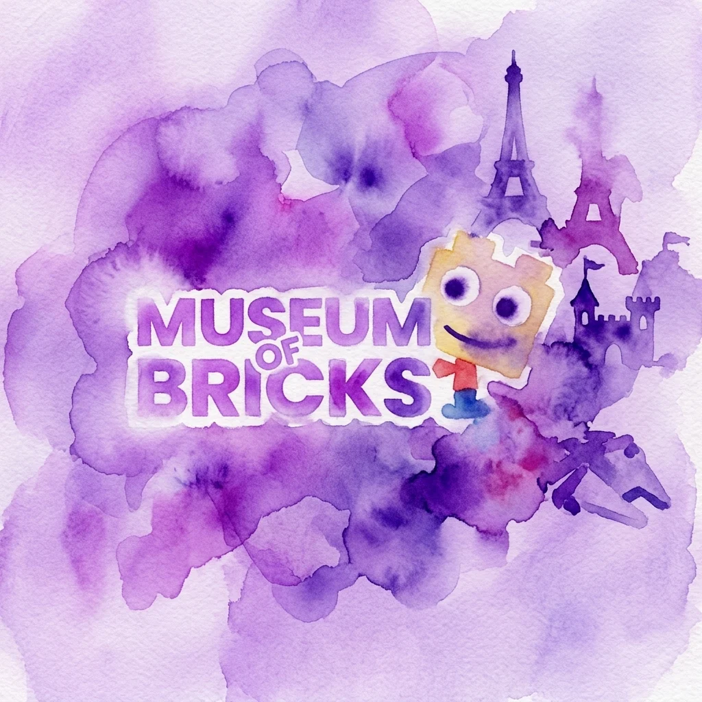 Wasschilderijstijl logo voor het Museum van Baksteen met een lachende LEGO-minifiguur en silhouetten van de Eiffeltoren en een kasteel tegen een paarse achtergrond.