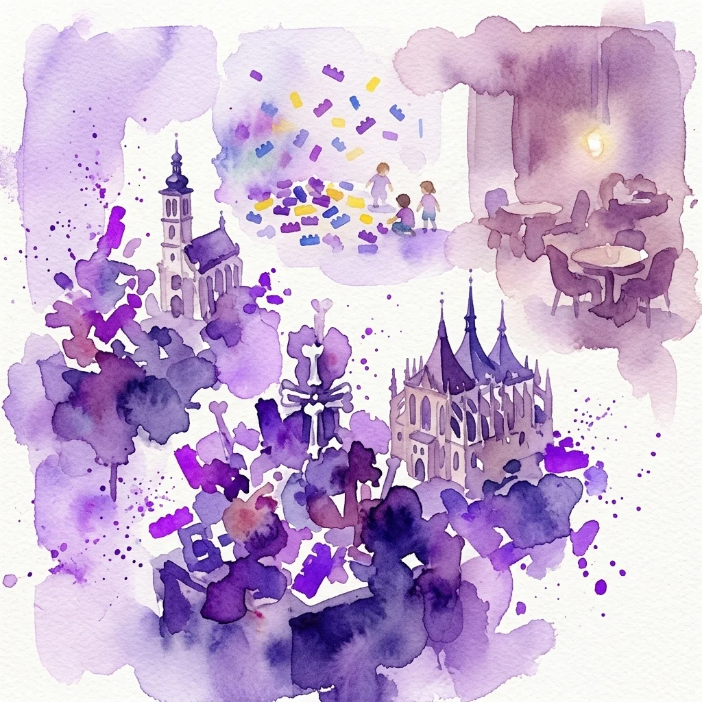Waterverfillustratie van het Museum van Bakstenen in Kutná Hora, met LEGO-modellen van de Beenderkerk en de Sint-Barbarakerk, spelende kinderen met LEGO-stenen en een caféruimte.