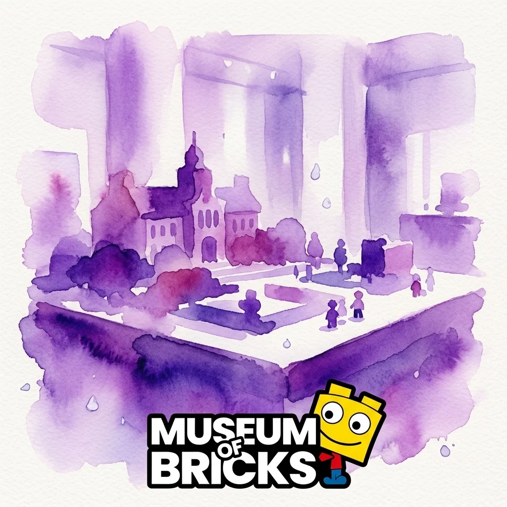 Een aquarelillustratie van een LEGO-thema miniatuur dorpsplein met historische gebouwen en figuren, met het Museum of Bricks-logo op de voorgrond.