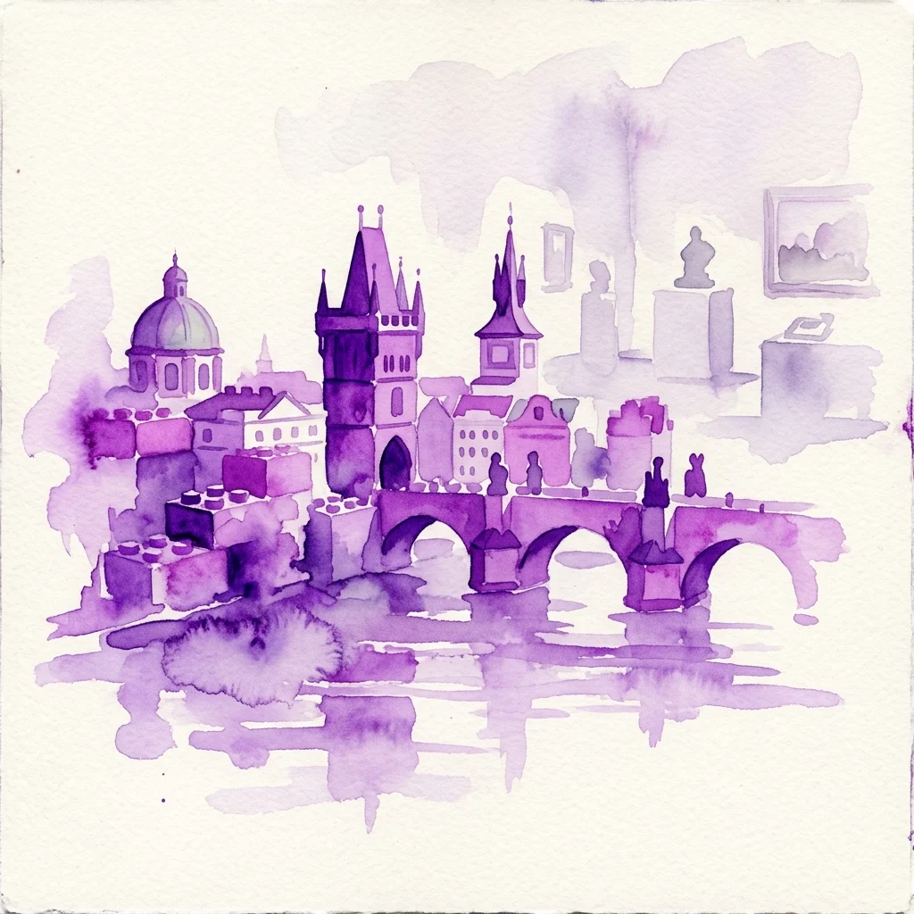 Een paarse aquarelillustratie van Praagse bezienswaardigheden, waaronder de Karelsbrug en de Oude Stadsastronomische Klok, weergegeven in een LEGO-achtige stijl, tentoongesteld in een museumgalerie.