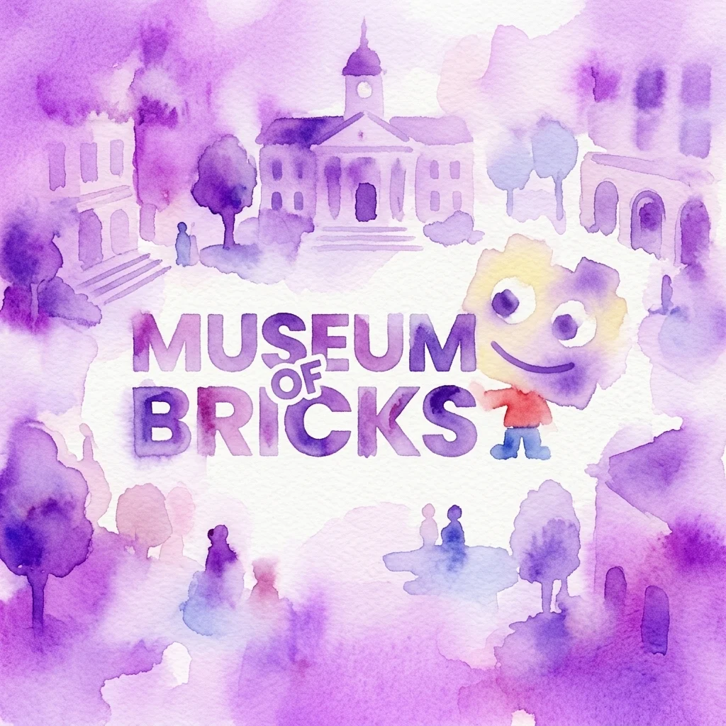 Waterverfillustratie van het Museum van de Baksteen logo met een lachende LEGO-achtige figuur, paarse gebouwen en bomen, wat een speelse en creatieve sfeer oproept.