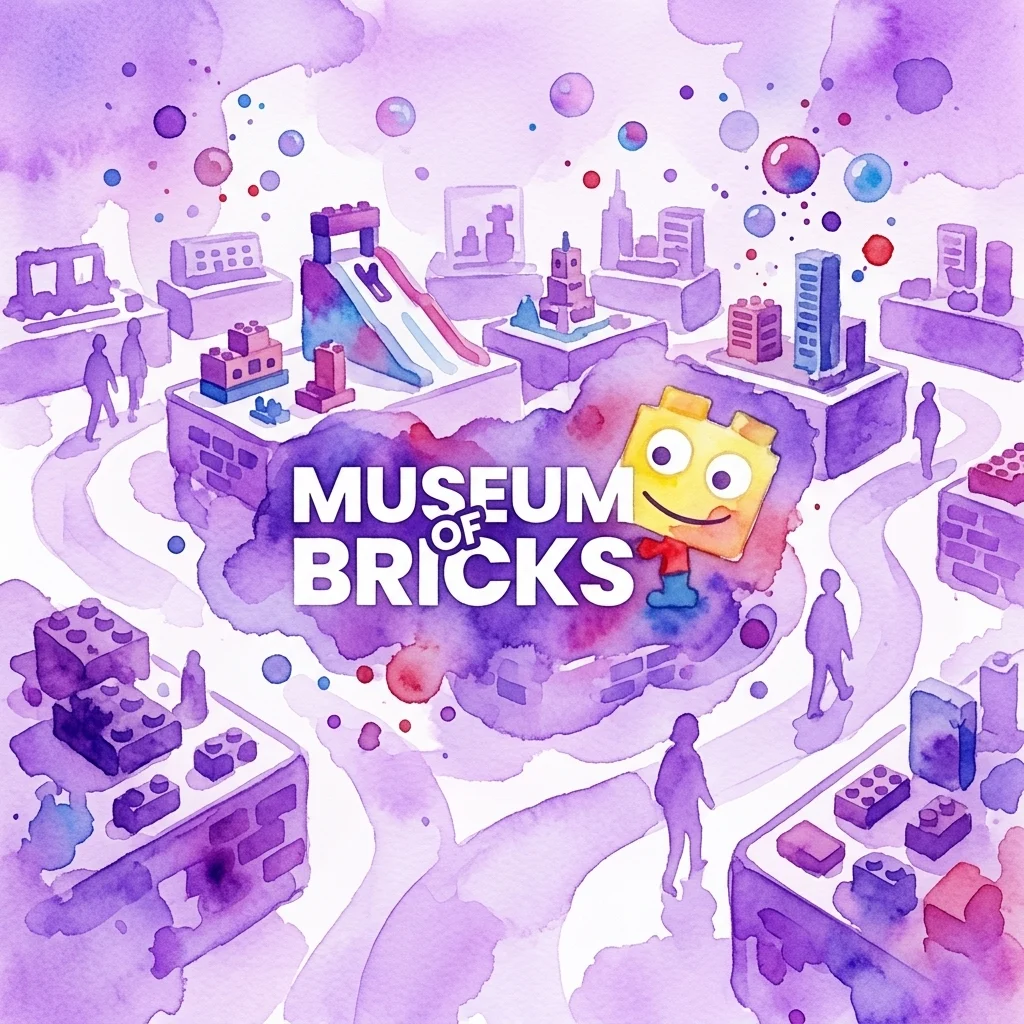 Waterverfillustratie van het Museum van Bakstenen Špindlerův Mlýn, met LEGO-modellen van gebouwen, een skigebied en bezoekers die de tentoonstellingsruimte verkennen.