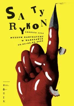 Mano roja con la punta de un lápiz como dedo sobre un fondo amarillo con el texto 'Satyrykon' y 'Museo de la Caricatura de Varsovia'