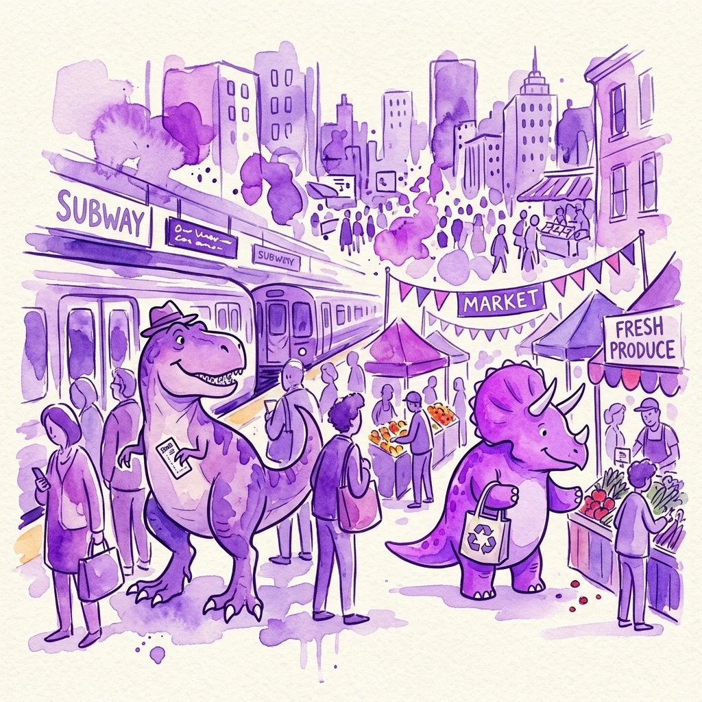 Een grillige paarse aquarelillustratie van dinosaurussen in een moderne stad, met een Tyrannosaurus Rex op een metroplatform en een Triceratops op een markt met verse producten, die het satirische thema van de tentoonstelling weerspiegelt.