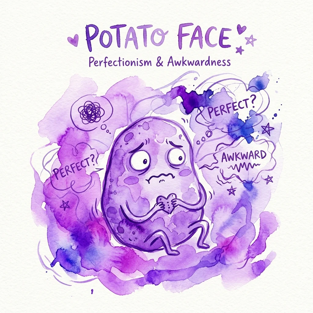 Een grillige paarse aquarelillustratie van een personage genaamd 'Potato Face' met angstige uitdrukkingen, omringd door denkballonnen met de vraag 'PERFECT?' en 'AWKWARD', die perfectionisme en sociale onhandigheid voorstellen.
