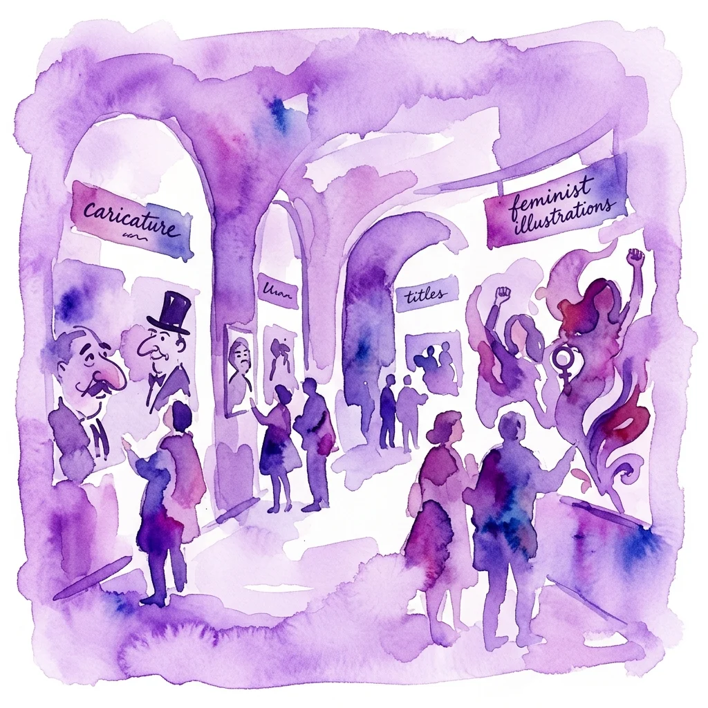 Een aquarelillustratie van een tentoonstellingsruimte met bezoekers die kunstwerken bekijken onder borden met de tekst 'karikatuur' en 'feministische illustraties', die een dialoog weergeeft tussen klassieke Poolse karikatuur en hedendaagse feministische kunst.