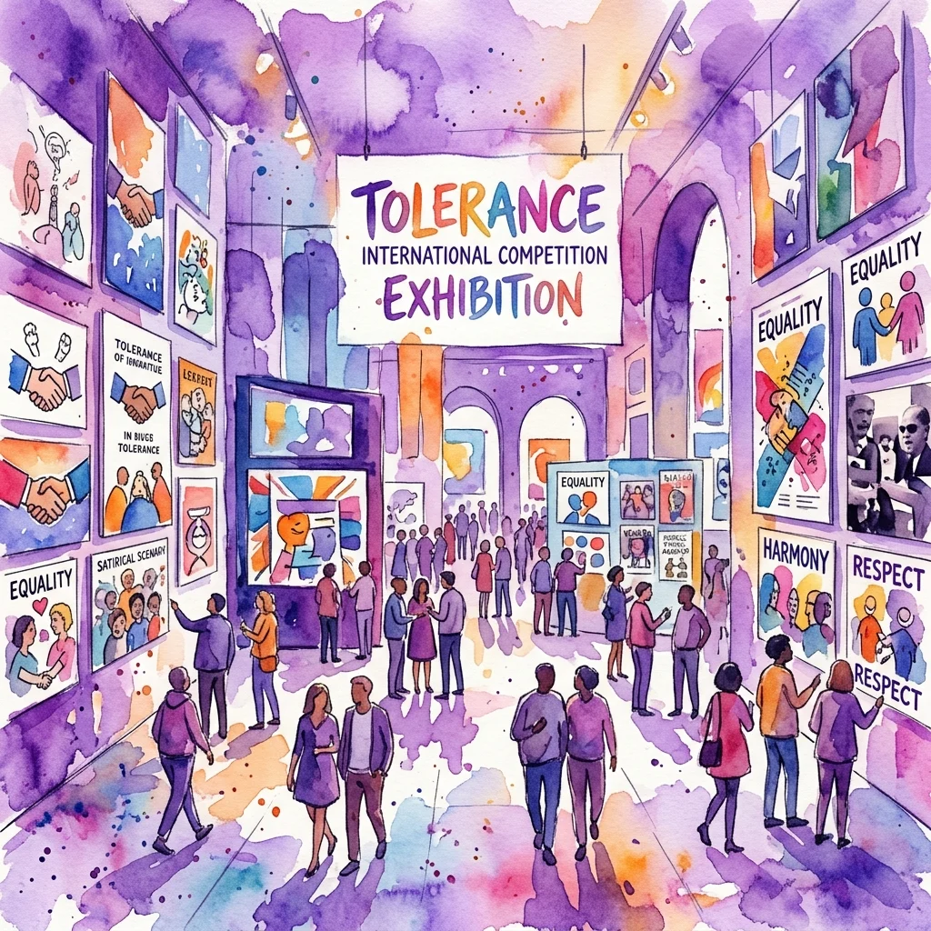 Una vibrante ilustración en acuarela de la Exposición de la Competencia Internacional de Tolerancia, que exhibe diversas obras de arte satíricas sobre temas como la igualdad, el respeto y la armonía, con visitantes contemplando las piezas en un espacio de galería.