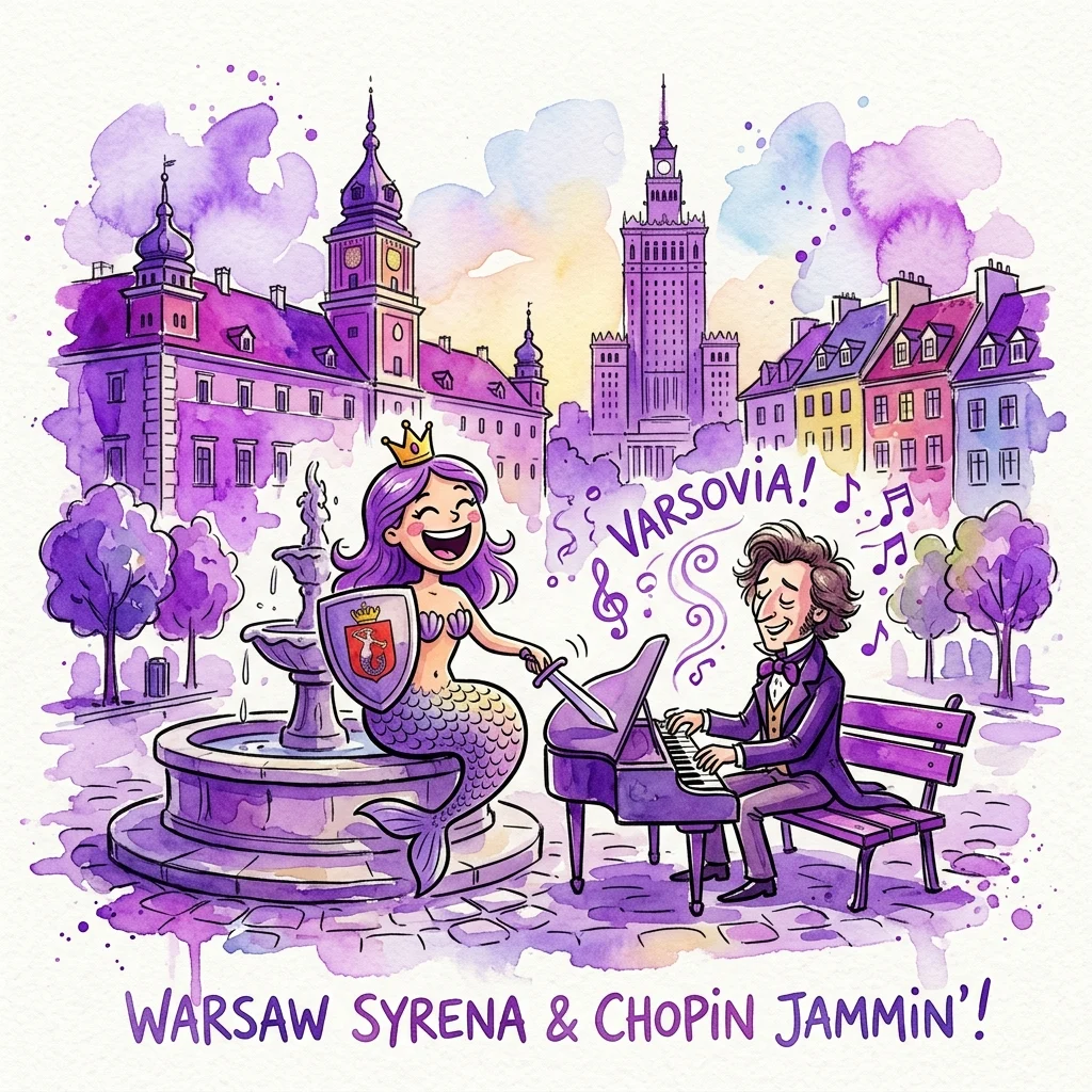 Een grillige cartoonillustratie met de Warschause Zeemeermin (Syrena) die met een zwaard bij een fontein speelt, terwijl Chopin piano speelt met muzikale noten en de tekst 'VARSOVIA!'. De achtergrond toont Warschau's iconische gebouwen, waaronder het Paleis van Cultuur en Wetenschap, in een levendige paarse aquarel stijl.