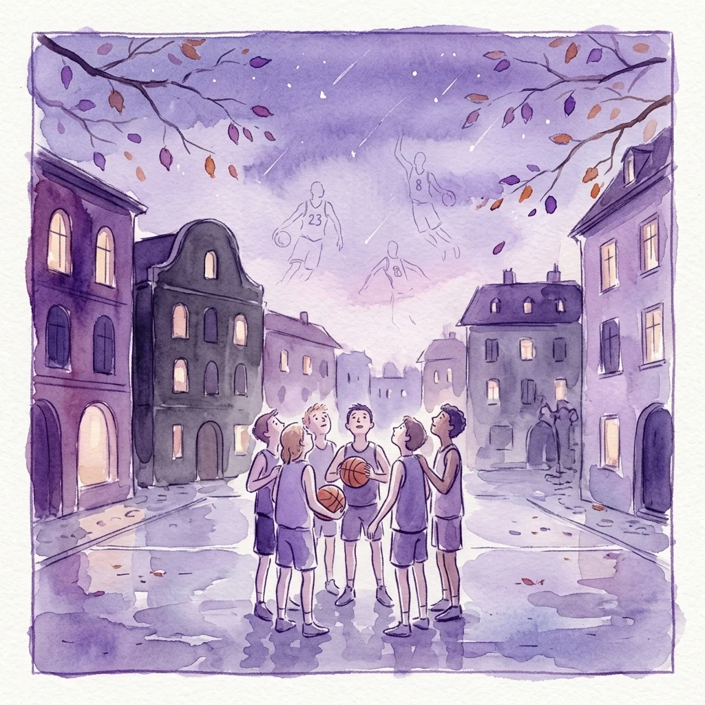 Een aquarelillustratie van een tienerbasketbalteam in een Europese stadsstraat, kijkend naar vallende sterren en silhouetten van basketballers in de lucht, wat een nostalgische en dromerige sfeer oproept.
