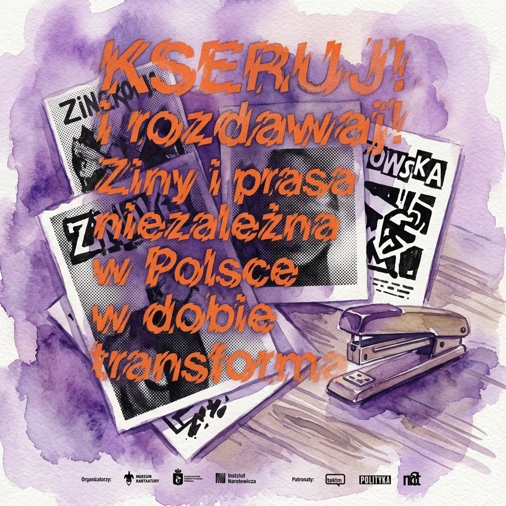 Póster de exposición ilustrado con fondo de acuarela morada, que presenta portadas de fanzines en blanco y negro con efecto de semitono dispersas, una grapadora de oficina antigua pintada y texto en polaco de color naranja que dice 'Kseruj! Kopiuj! i rozdawaj!'.
