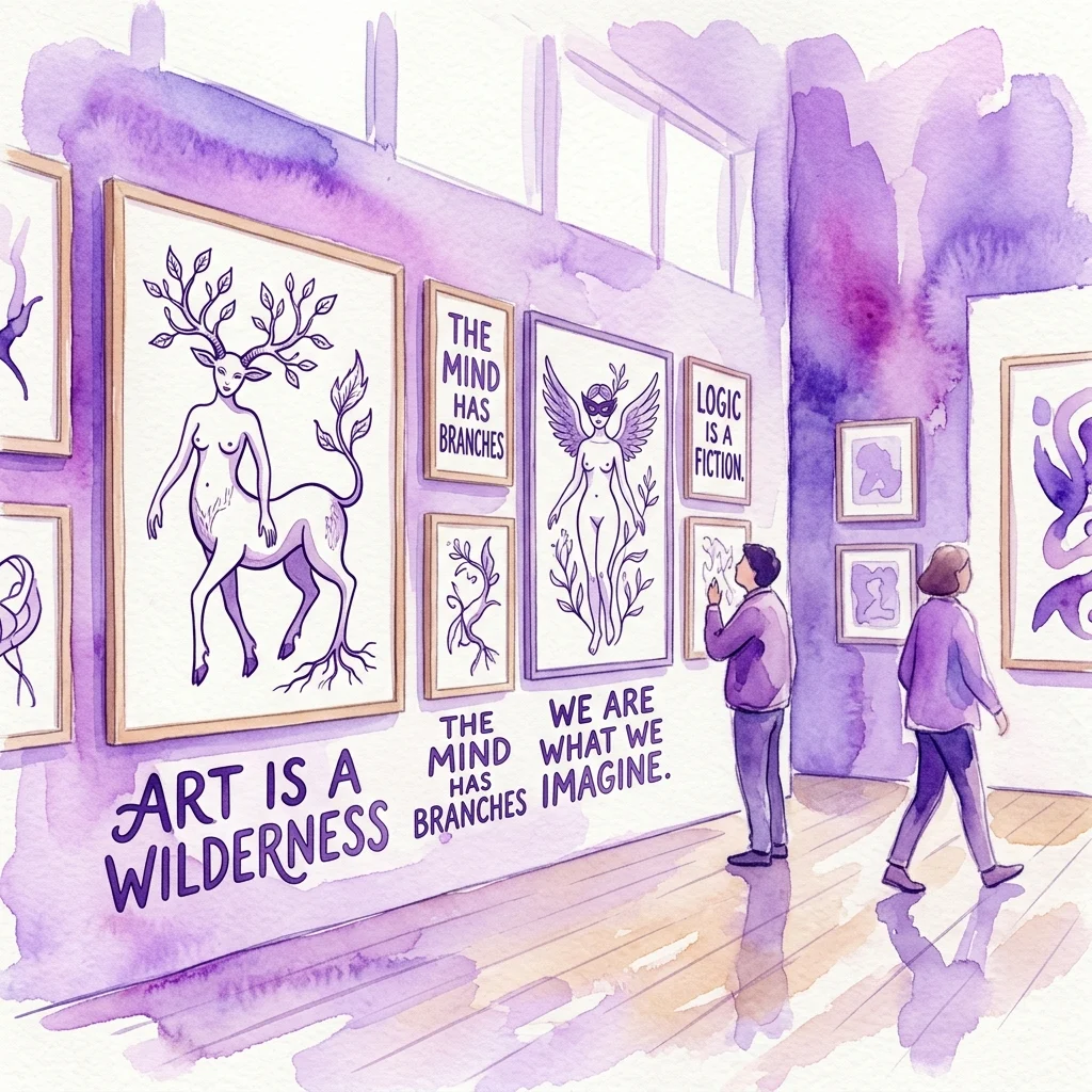 Una vista de galería ilustrada de la exposición 'Przekrój przez Mroza', que presenta dibujos lineales surrealistas de Daniel Mróz y aforismos de Ramón Gómez de la Serna, con visitantes observando las obras de arte.