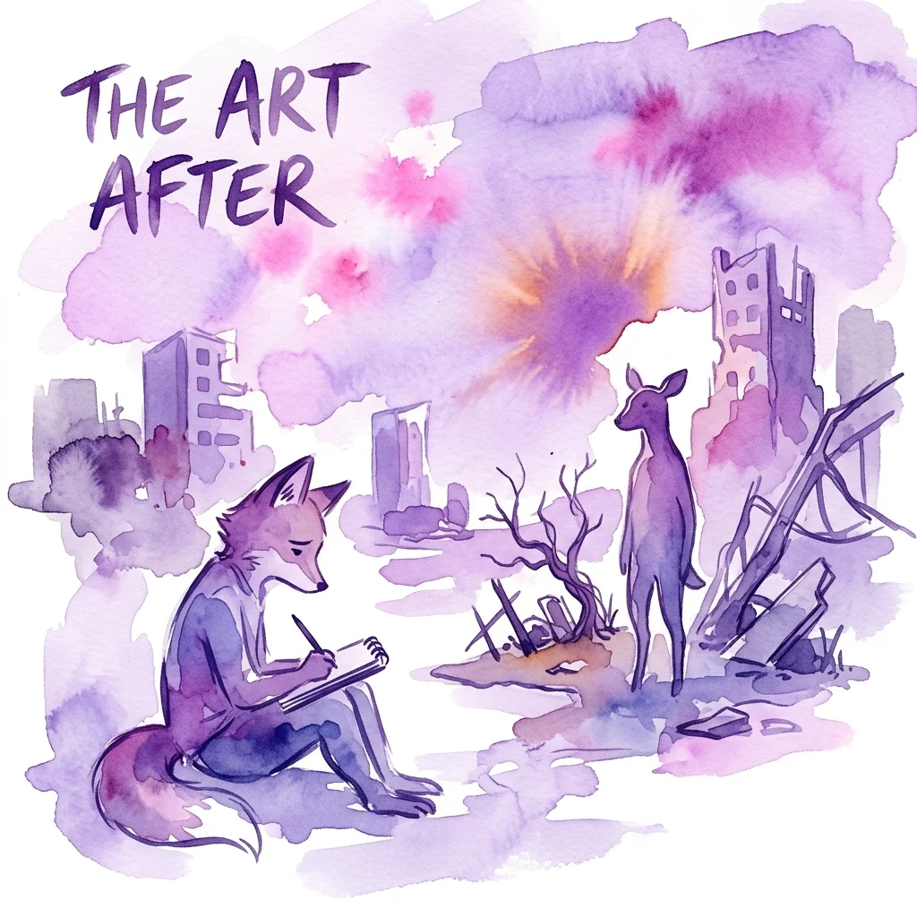 Una ilustración en acuarela de animales antropomórficos en un escenario postapocalíptico, con un zorro escribiendo en un cuaderno y un ciervo de pie entre ruinas, bajo un cielo púrpura y rosa con el texto 'THE ART AFTER'.