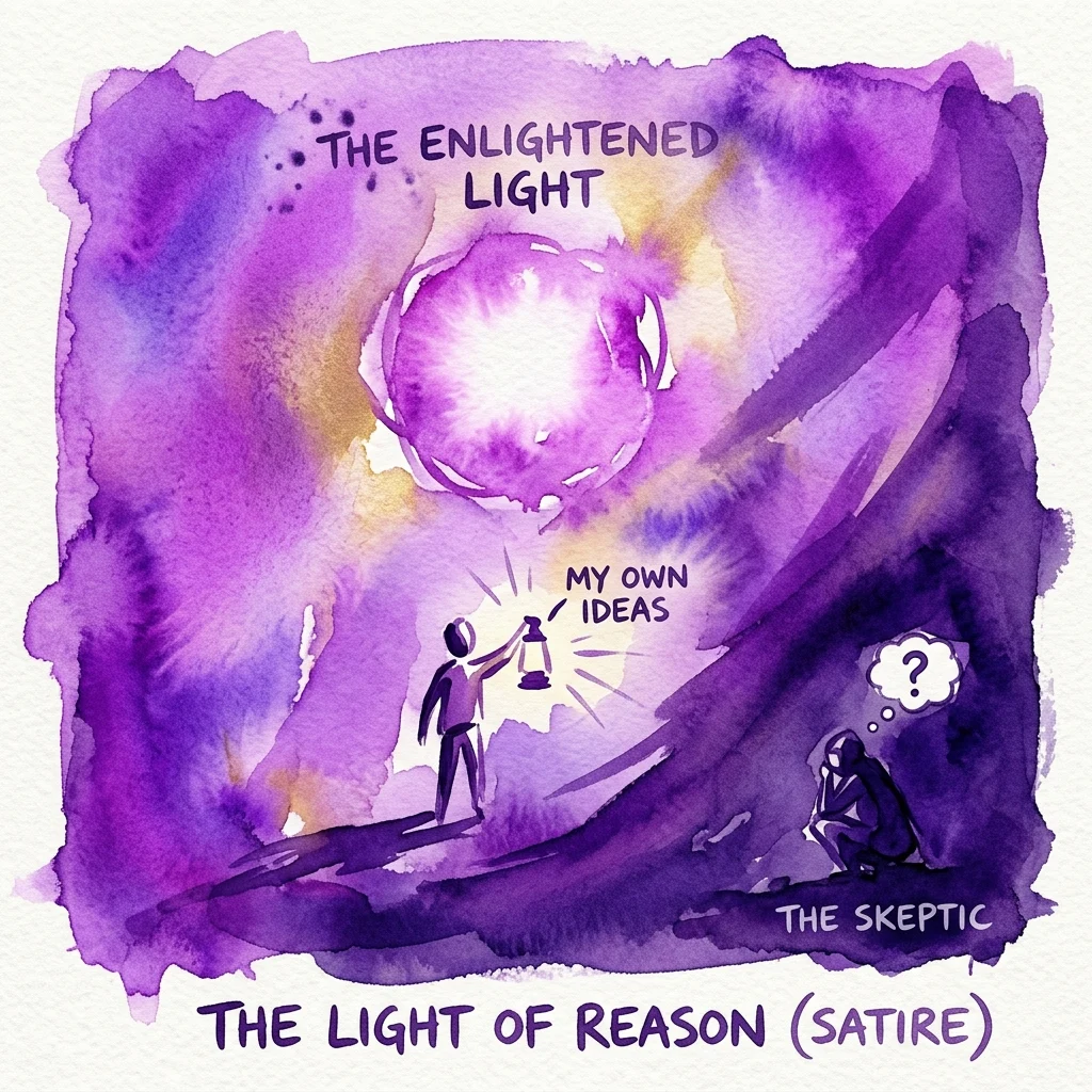 Una ilustración satírica en acuarela titulada 'La Luz Iluminada' que muestra a una figura sosteniendo una linterna con la etiqueta 'Mis Propias Ideas' iluminando un camino, mientras que otra figura etiquetada como 'El Escéptico' se sienta en la sombra con un signo de interrogación, simbolizando el contraste entre la razón y la duda.