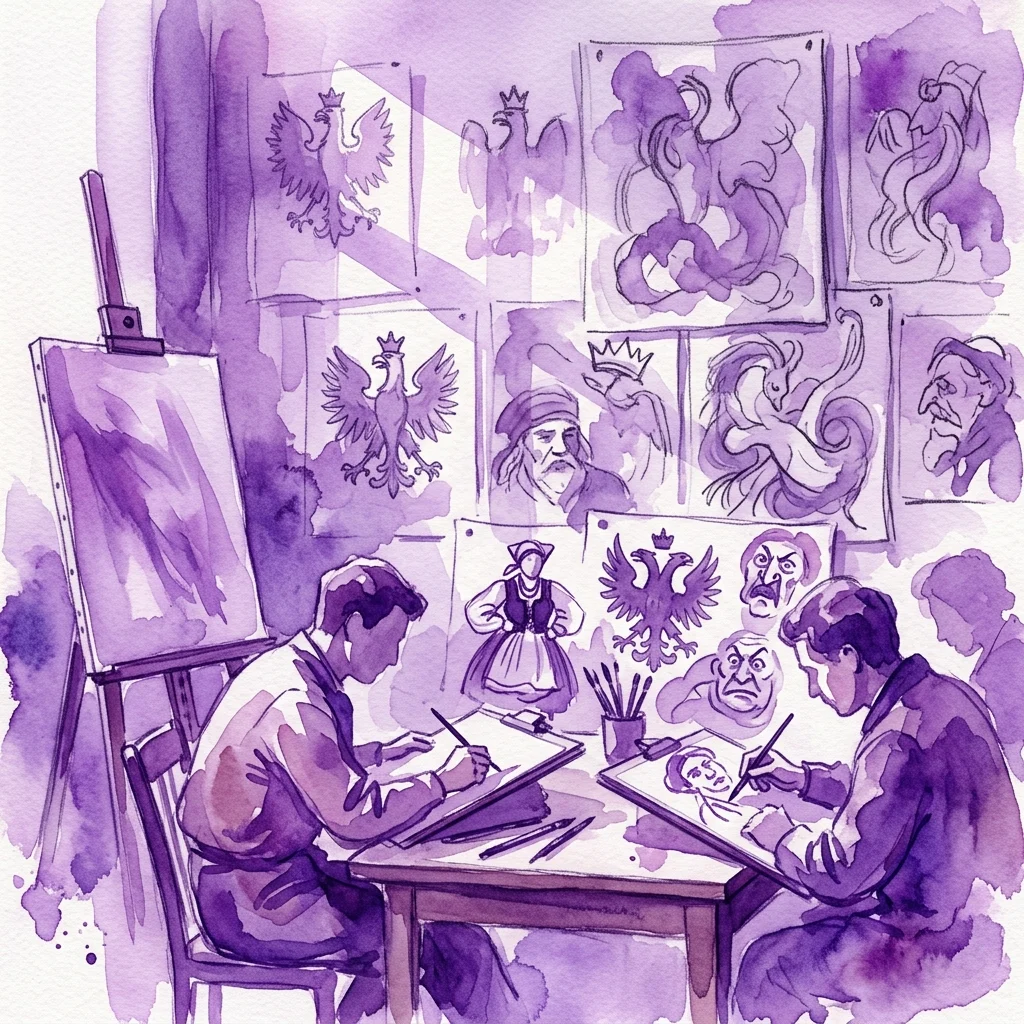 Una ilustración en acuarela morada que representa a artistas creando caricaturas en un estudio, con dibujos satíricos de águilas polacas y figuras políticas en las paredes, representando el período de la Joven Polonia (1890-1918).
