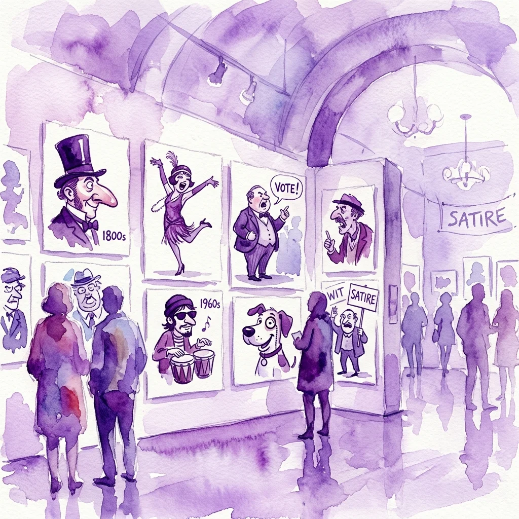 Een aquarelillustratie van een galerie-expositie met karikaturen en satirische kunstwerken uit verschillende tijdperken, waaronder stijlen uit de 19e eeuw en de jaren 60, met bezoekers die de tentoongestelde werken bekijken.