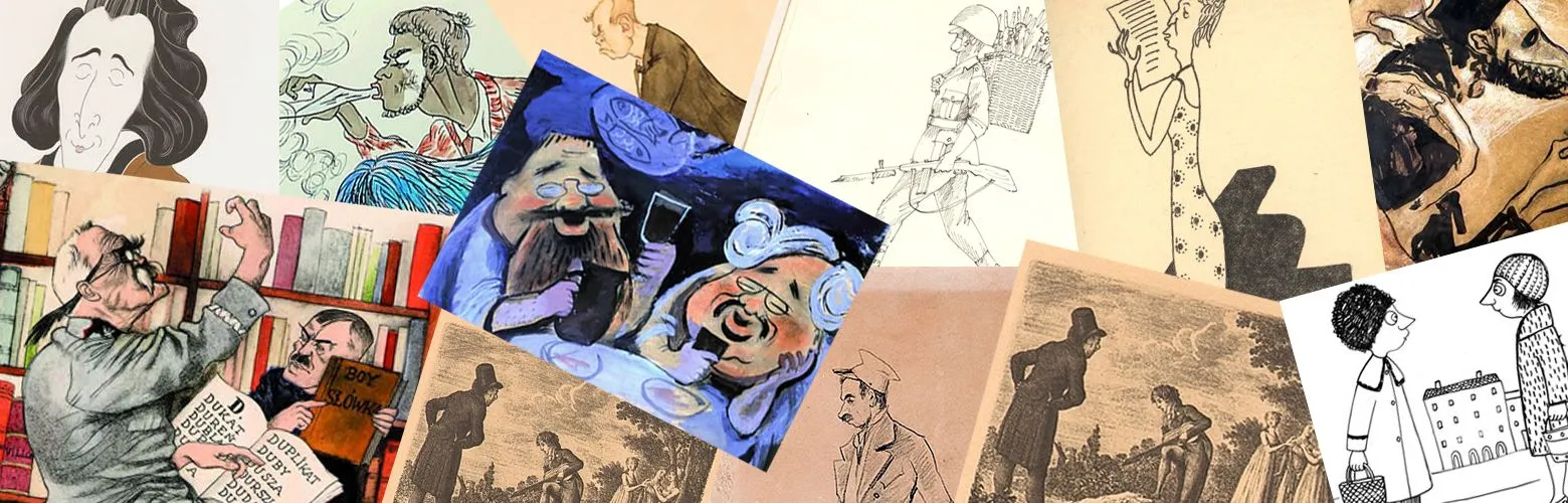 un collage de obras de arte satíricas y de caricatura que presentan figuras exageradas y escenas humorísticas