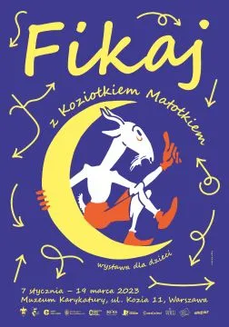Póster promocional con una luna creciente amarilla, una figura blanca similar a una cabra y el título 'Fikaj' en grandes letras amarillas sobre un fondo azul.