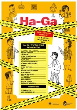 póster amarillo con ilustraciones de dibujos animados y texto para la exposición Ha-Ga