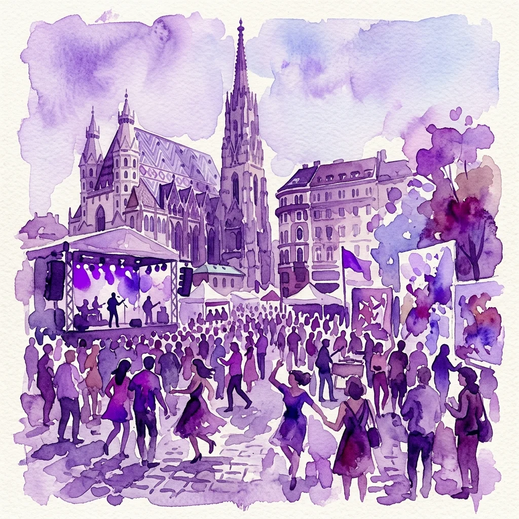 Watercolor illustration of a vibrant outdoor festival in Vienna, featuring a stage with performers, a large crowd dancing and celebrating, and the iconic St. Stephen's Cathedral in the background.