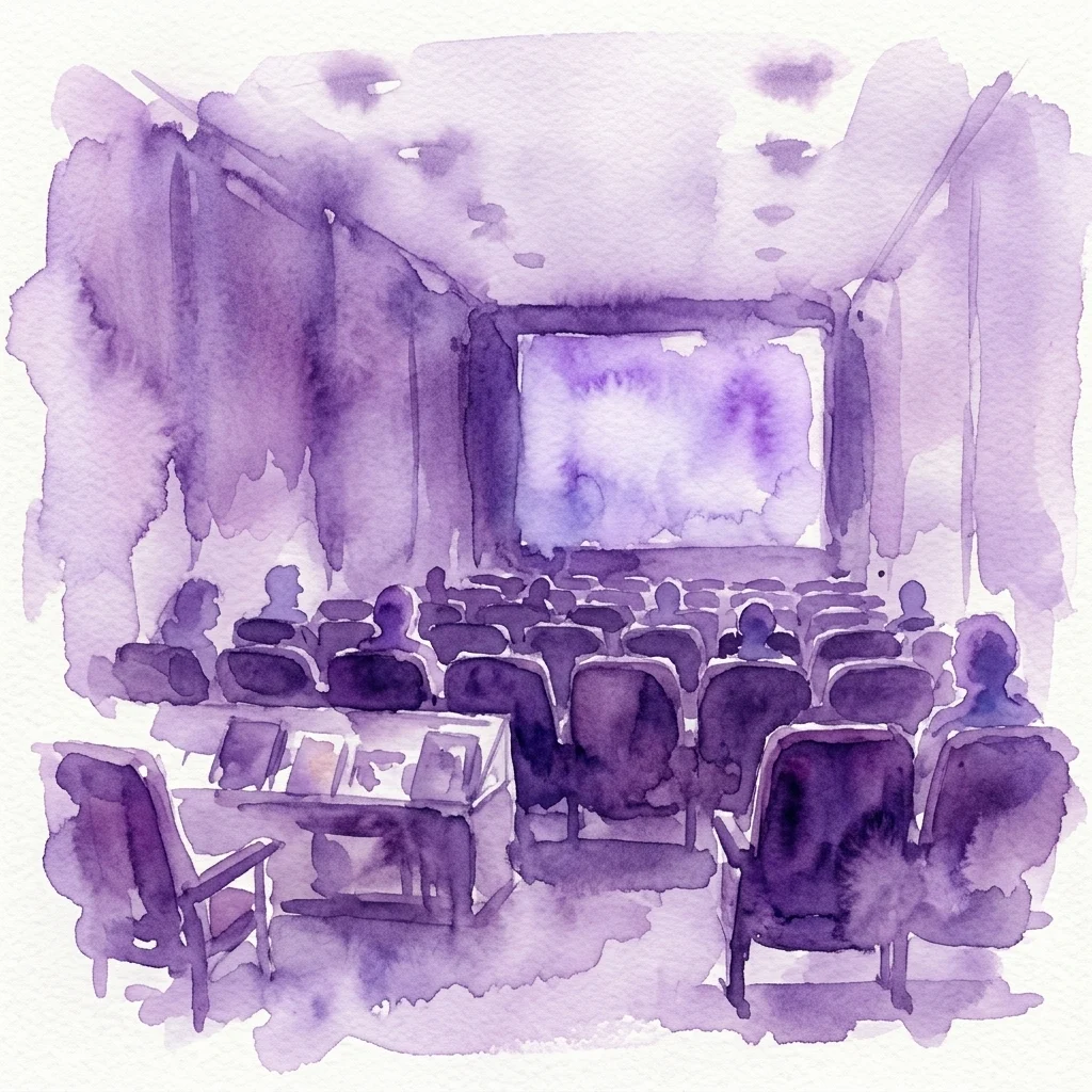 Waterverfillustratie van een schemerig bioscoopinterieur met rijen vintage stoelen gericht op een groot scherm, wat een klassieke filmervaring in het Oostenrijks Film Museum oproept.