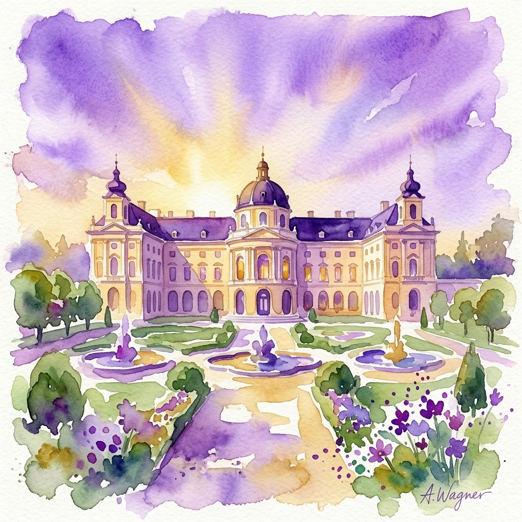 Ilustracja akwarelowa Pałacu Belvedere w Wiedniu, prezentująca jego barokową architekturę i zadbane ogrody pod fioletowym i złotym niebem.