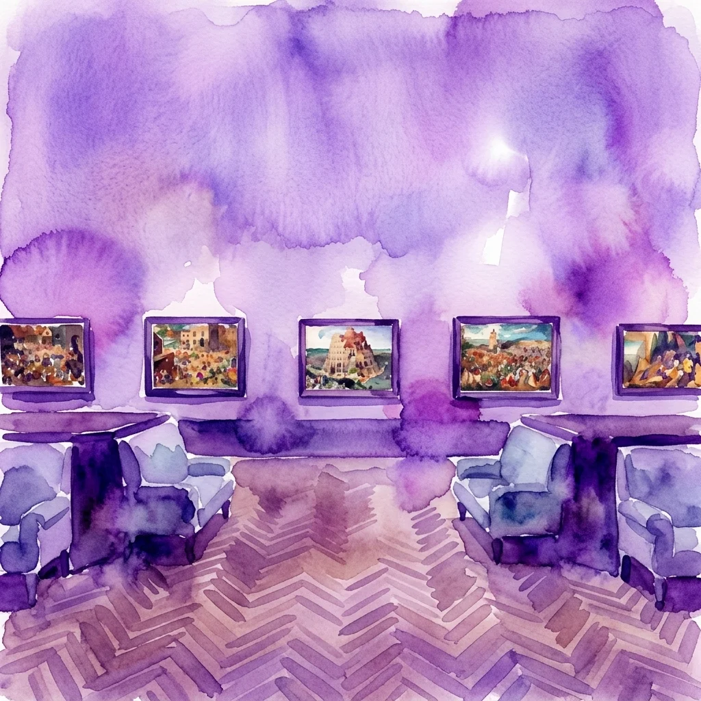 Renderowanie w stylu akwareli w 3D wirtualnej galerii sztuki prezentującej obrazy Pietera Bruegla Starszego, z fioletowym oświetleniem i podłogą w jodełkę.