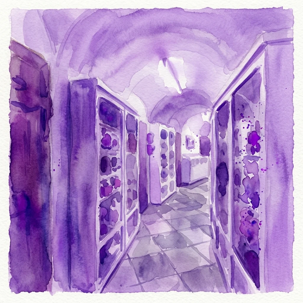 Ilustracja akwarelowa zabytkowego korytarza muzealnego z łukowymi sufitami i gablotami zawierającymi preparaty anatomiczne, przywołująca na myśl Kolekcję Patologii Anatomicznej w Wieży Domu Szaleńców w NHM.