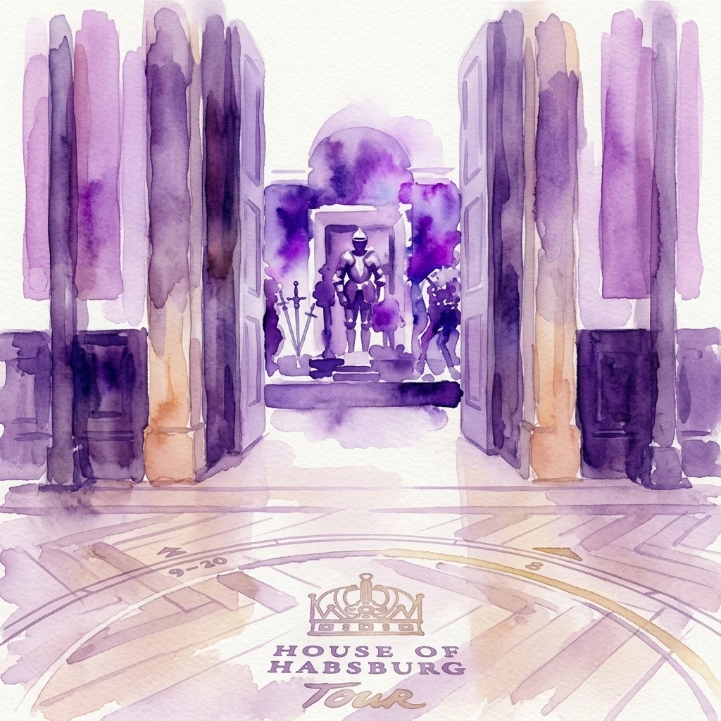 Watercolor illustration of a museum hall featuring a suit of armor on display, with purple and gold tones and a 'House of Habsburg Tour' logo on the floor.