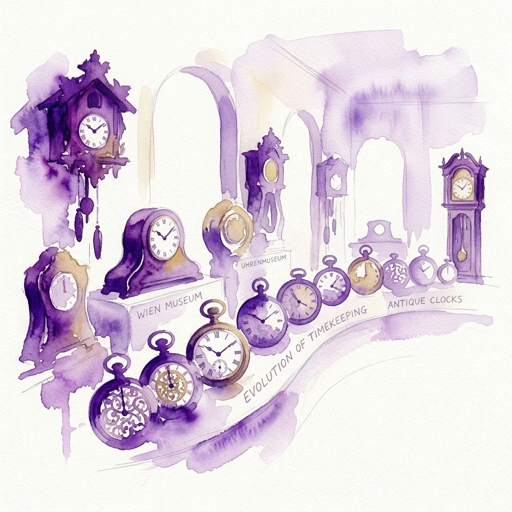 Ilustracja akwarelowa zabytkowych zegarów i zegarków z Muzeum Zegarmistrzostwa (Uhrenmuseum) wiedeńskiego Muzeum (Wien Museum), ukazująca ewolucję mierzenia czasu za pomocą różnych historycznych czasomierzy.
