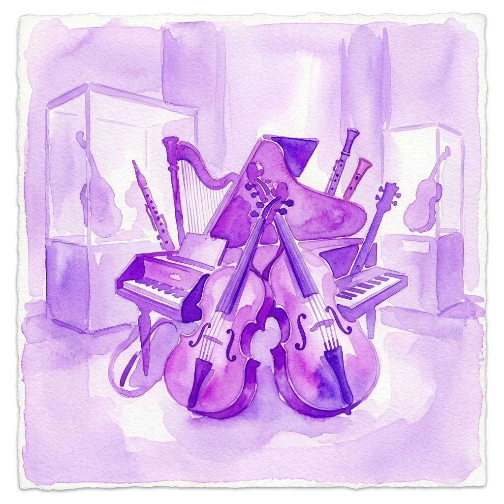 Ilustracja akwarelowa przedstawiająca zabytkowe instrumenty muzyczne, w tym skrzypce, harfę, fortepian i flety, prezentowane w muzealnej scenerii z delikatnymi fioletowymi tonami.