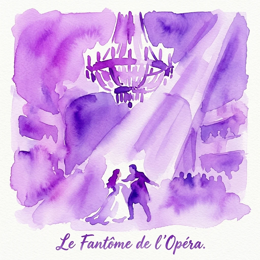 Watercolor illustration of a dramatic scene from 'The Phantom of the Opera' musical, featuring silhouettes of two figures dancing beneath a grand chandelier in a purple-hued opera house setting.