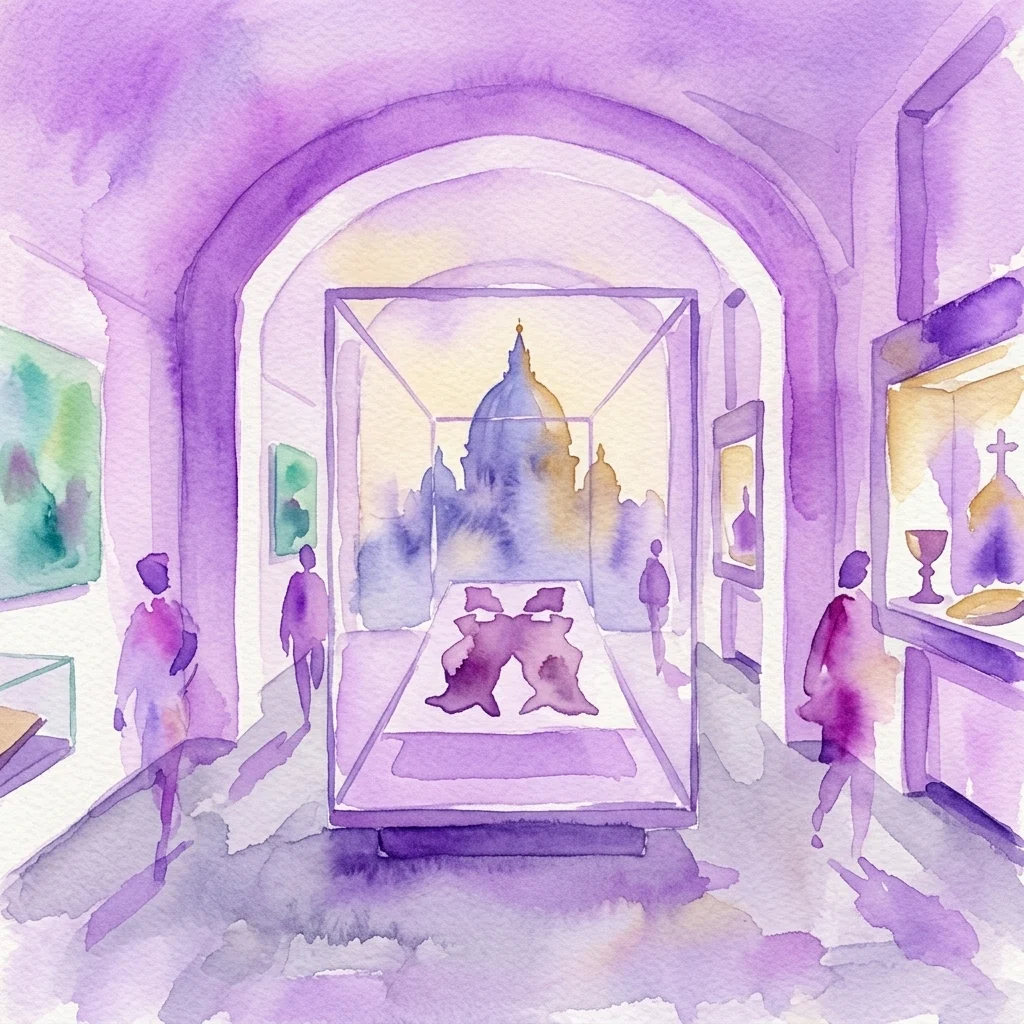 Ilustracja akwarelowa wnętrza Dom Museum Wien, przedstawiająca artefakty historyczne w szklanej gablocie z widokiem na iglicę Katedry św. Szczepana przez duże okno, otoczona przez zwiedzających.