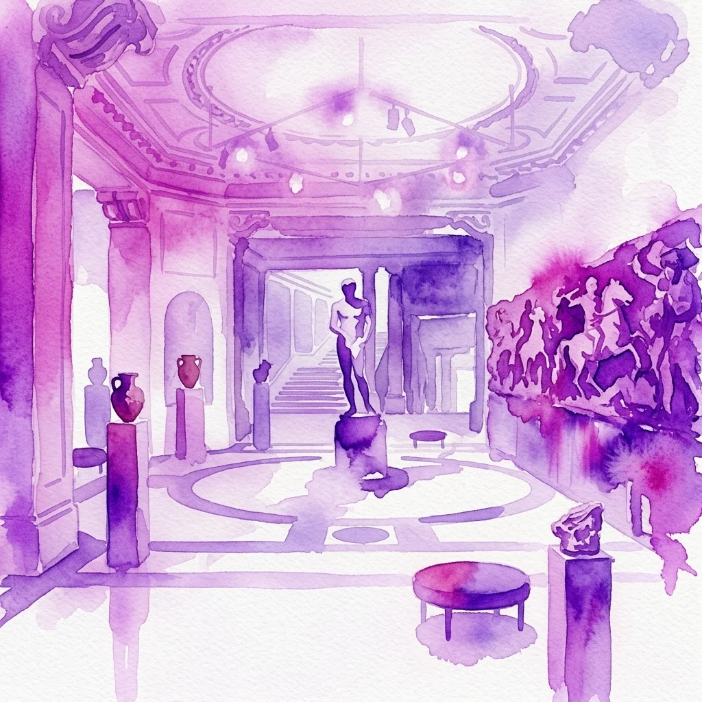 Ilustracja akwarelowa wnętrza Muzeum Efezu przedstawiająca starożytne artefakty, w tym ceramikę, rzeźby i fragmenty architektoniczne, wyeksponowane w okazałej galerii z ozdobnymi sufitami i kolumnami.